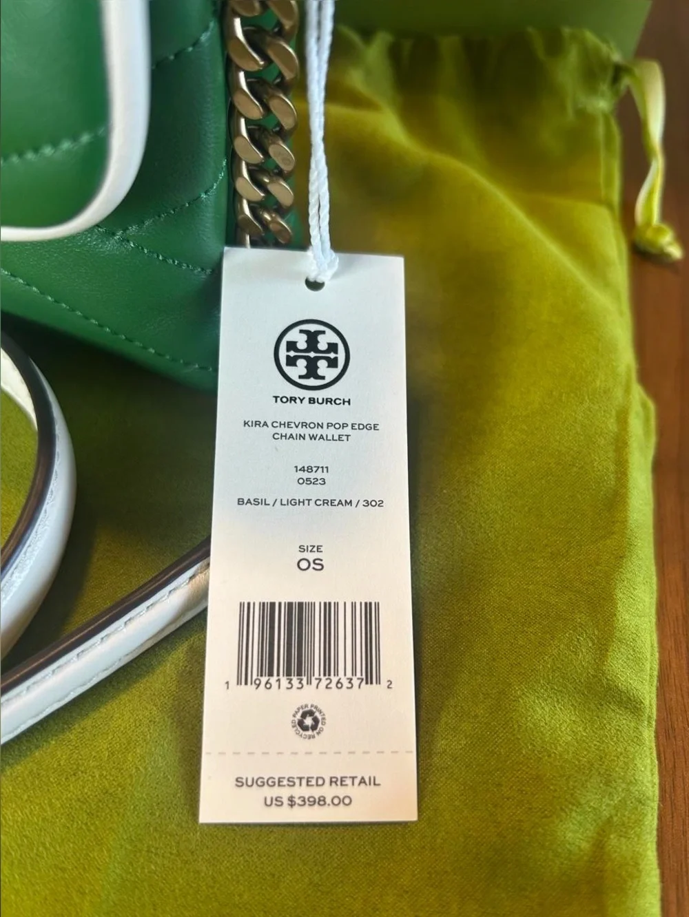Tory Burch Green and Light Cream Kira Chevron Chain Wallet